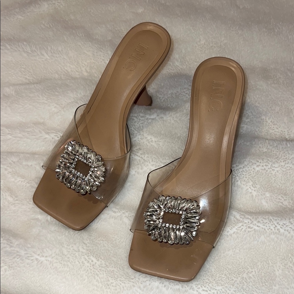 Women's Tan Heeled Sandals with Silver Embellishment